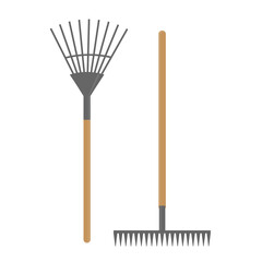 Set of rake and garden rake with wooden handles. Tools for gardening, farming, horticulture and agriculture in flat style. Isolated vector illustration 