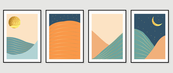Mountain background wall art vector set. moon and sunset with gold texture. Landscapes abstract arts wallpaper design for wall framed prints, canvas prints, poster and home decor.