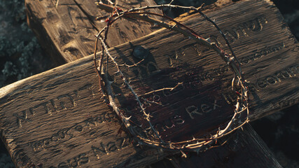 Crown of thorns and cross with signboard