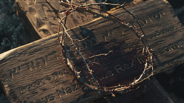 Crown of thorns and cross with signboard