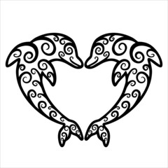 two dolphins in love look at each other, a pair of dolphins lace silhouette, dolphins in the shape of a heart 