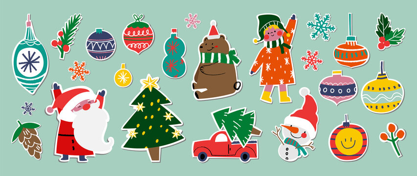 Cute Christmas stickers vector set. Hand drawn doodle style Christmas decorations, holiday gifts, winter clothes, bear, trees, gifts, penguin and Santa Claus. vector illustration.