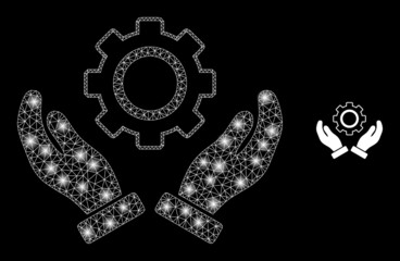 Glossy polygonal mesh web gear care hands icon with glare effect on a black background. Network gear care hands iconic vector with illuminated spheres in stardust colors.