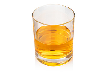Glass of whiskey or whisky or american Kentucky bourbon isolated on white, diagonal top view, copy space