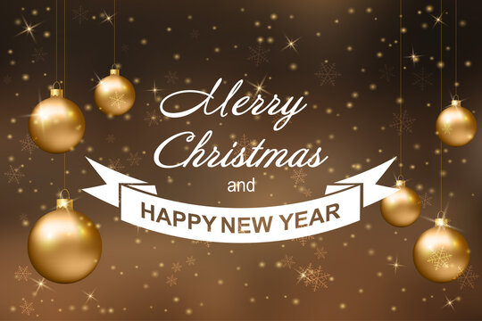 Christmas background with golden Christmas decoration and inscription Merry Christmas and Happy New Year. Template for banner, greeting card. Vector illustration.