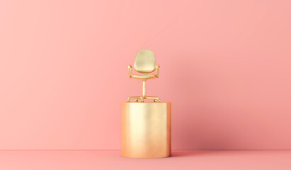 An gold office chair high on a podium. Business success concept. 3D Rendering