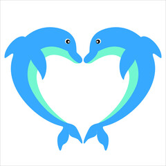 two dolphins in love look at each other, a pair of dolphins flat illustration, dolphins in heart shapes 