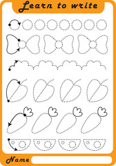 Preschool Fine Motor Worksheet - Dotted Lines.  Learn to write. Trace sheet. Illustration and vector outline - A4 paper, ready for printing. Workbook for kids handwriting repeat.