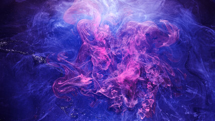 Blue pink smoke on black ink background, colorful fog, abstract swirling ocean sea, acrylic paint...