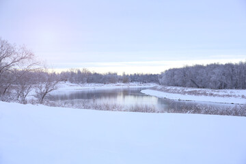 Beautiful Red River View. Frost Snow Day. Peaceful Concept.