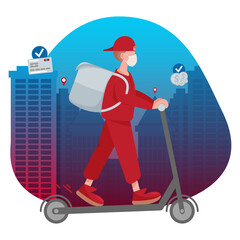 Courier with a bag in a medical mask on a scooter, express delivery of goods, groceries, pizza, vector image with an urban background. Payment by cash and card, pointers