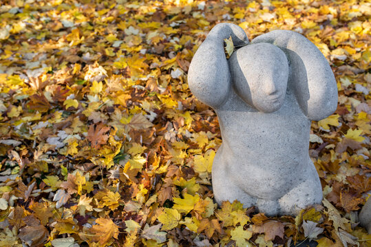 Warsaw, Poland, October 30.2020 - Królikarnia palace - The Rabbit House palace - Beautiful artistic sculptures by Polish sculptor Xawery Dunikowski in the park next to the palace 