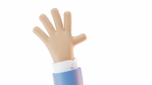 Waving hand in greeting gesture saying hello. Flexible arm male character in blue sleeve is raised up with open palm and five fingers. Cartoon 3d animation isolated on white background