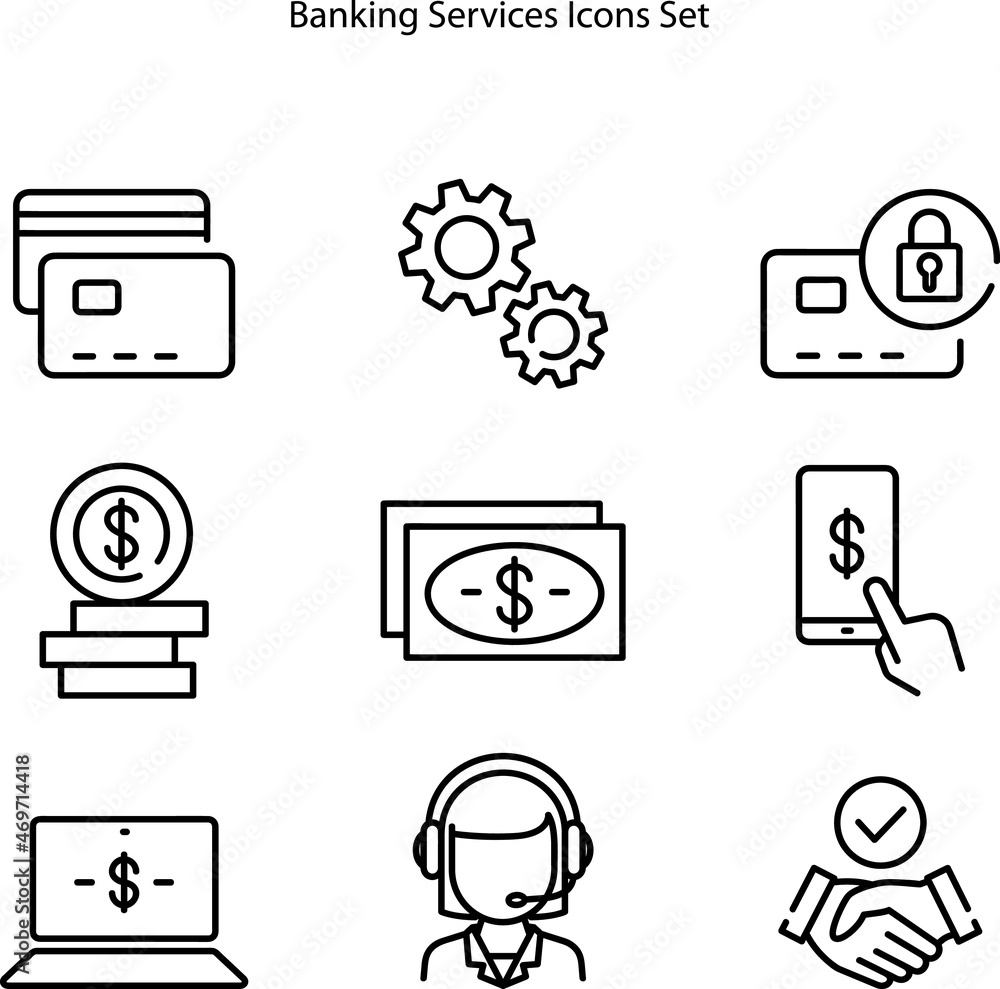 Poster banking services line icons set. accessing bank accounts and carrying out financial transactions thr