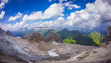 Dolomites, Italy, August 2017, snow-covered mountain, peaks of mountains are visible against the sky
