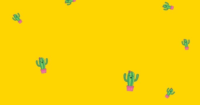 Animation of illustration of cacti with faces in pink pots falling on yellow background