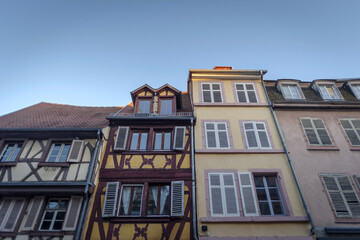 Fototapeta premium Traditional half timbered facade and colorful beautiful architecture in Colmar old town, Alsace, Haut-Rhin department, Grand Est region, north-eastern France