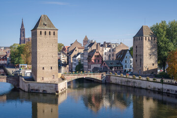 Fototapeta na wymiar France, Alsace, View of Strasbourg old town cityscape from Barrage Vauban promenade