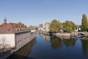France, Alsace, View of Strasbourg old town cityscape from Barrage Vauban promenade