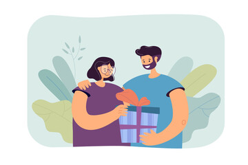 Man and woman hugging each other and holding gift box. Couple celebrating anniversary flat vector illustration. Giving and receiving presents concept for banner, website design or landing web page