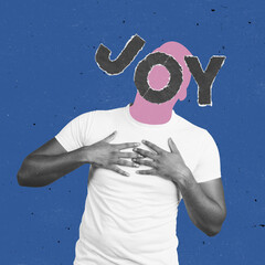 Conceptual portrait of faceless man with word joy instead face. Human emotions, psychology, mental...
