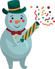 Snowman explodes a firecracker. Funny Christmas snowmen.  Vector illustration of a character isolated on a white background. 