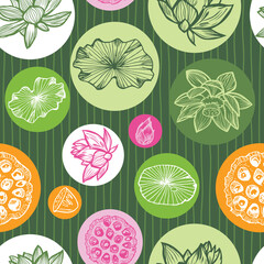 Vector dark green colourful lotus tropical flowers and water lily pads seed pods in circles repeat pattern. Suitable for textile, gift wrap and wallpaper.