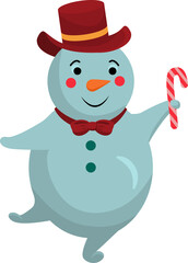 A snowman in a top hat holds a lollipop in his hands. Funny Christmas snowmen. Vector illustration of a character isolated on a white background. 
