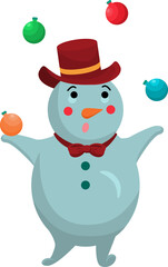 A snowman juggles Christmas balls. Funny Christmas snowmen. Vector illustration of a character isolated on a white background. 