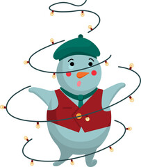 A snowman and a garland of light bulbs. Funny Christmas snowmen. Vector illustration of a character isolated on a white background.  