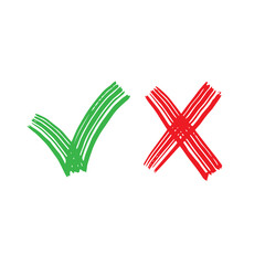 Green check mark and red cross symbol isolated on white background. Vector illustration.