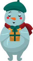 The snowman gives a gift. Funny Christmas snowmen. Snowman wearing hat and scarf. Vector illustration of a character isolated on a white background. 