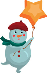 A snowman is holding a balloon in the shape of a star. Snowman wearing hat and scarf. Funny Christmas snowmen. Vector illustration of a character isolated on a white background. 