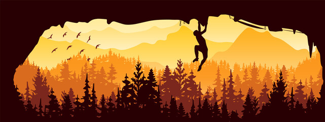 Silhouette of rock climber climbing overhang in cave. Forest and mountains in the background, birds. Magical misty landscape, fog. Yellow and orange illustration. Banner.