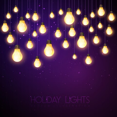 Obraz na płótnie Canvas Vector garlang of gold or yellow lamps on night sky background. Holiday string of lights vector illustration
