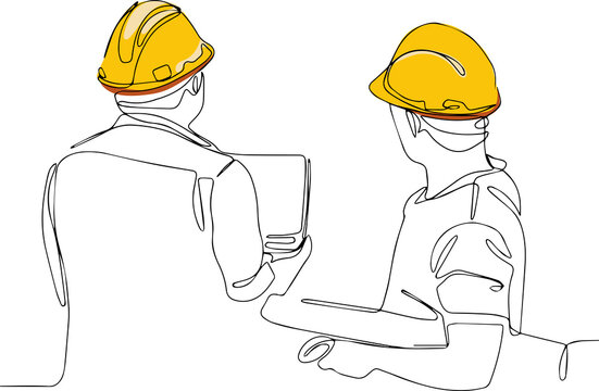 Continuous one line drawing of Industry maintenance engineer wearing uniform and safety helmet under inspection by tablet. Minimal outline concept. Vector illustration