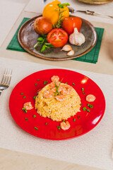 Delicious Homemade Classic Food Brazilian Dish Plate Menu Lunch Breakfast Rice Beans Pasta Sausage Shrimp on the Table