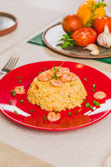 Delicious Homemade Classic Food Brazilian Dish Plate Menu Lunch Breakfast Rice Beans Pasta Sausage Shrimp on the Table