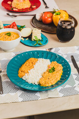 Delicious Homemade Classic Food Brazilian Dish Plate Menu Lunch Breakfast Rice Beans Pasta Sausage Shrimp on the Table