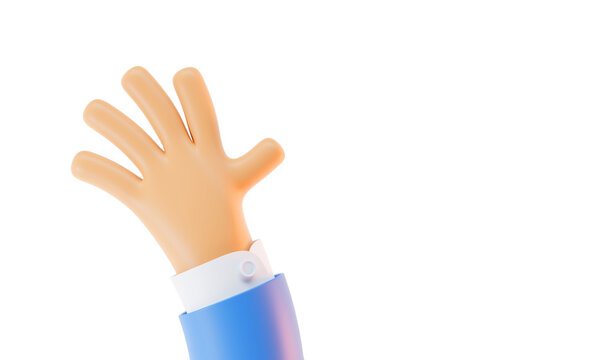 Waving hand in greeting gesture saying hello. Flexible arm male character in blue sleeve is raised up with open palm and five fingers. Cartoon 3d render illustration isolated on white background