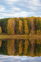 Colorful foliage tree reflections in calm pond water on a beautiful autumn day. A quiet and beautiful place to relax.