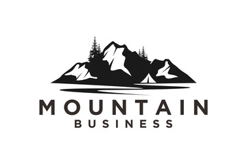 Fototapeta na wymiar Ice Snow Rocky Mountain, Creek River Mount Peak Hill Nature Landscape view logo design pine tree tent icon