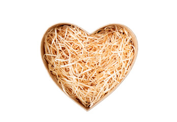 Top view of natural color open heart shape cardboard box with shredded wood excelsior for filling inside. Natural sustainable material for wrapping or products background. Isolated on white.