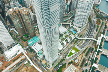 Aerial shot a cityscape with International Finance Centre on Hong Kong Island.