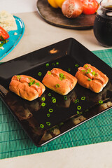 Delicious Homemade Classic Food Brazilian Dish Plate Menu Lunch Breakfast Rice Beans Pasta Sausage Shrimp on the Table