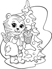 tiger cub in Santa costume at the Christmas tree, new year 2022, coloring