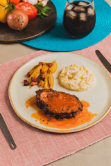 Delicious Homemade Classic Food Brazilian Dish Plate Menu Lunch Breakfast Rice Beans Pasta Sausage Shrimp on the Table