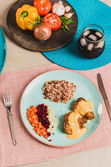 Delicious Homemade Classic Food Brazilian Dish Plate Menu Lunch Breakfast Rice Beans Pasta Sausage Shrimp on the Table