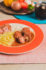 Delicious Homemade Classic Food Brazilian Dish Plate Menu Lunch Breakfast Rice Beans Pasta Sausage Shrimp on the Table