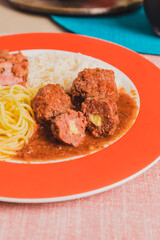 Delicious Homemade Classic Food Brazilian Dish Plate Menu Lunch Breakfast Rice Beans Pasta Sausage Shrimp on the Table